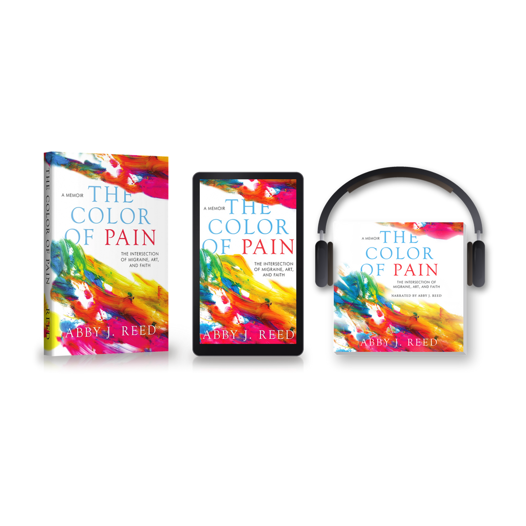 The Color of Pain by Abby J. Reed: paperback, ebook on a tablet, and the audiobook wearing headphones