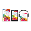 The Color of Pain by Abby J. Reed: paperback, ebook on a tablet, and the audiobook wearing headphones