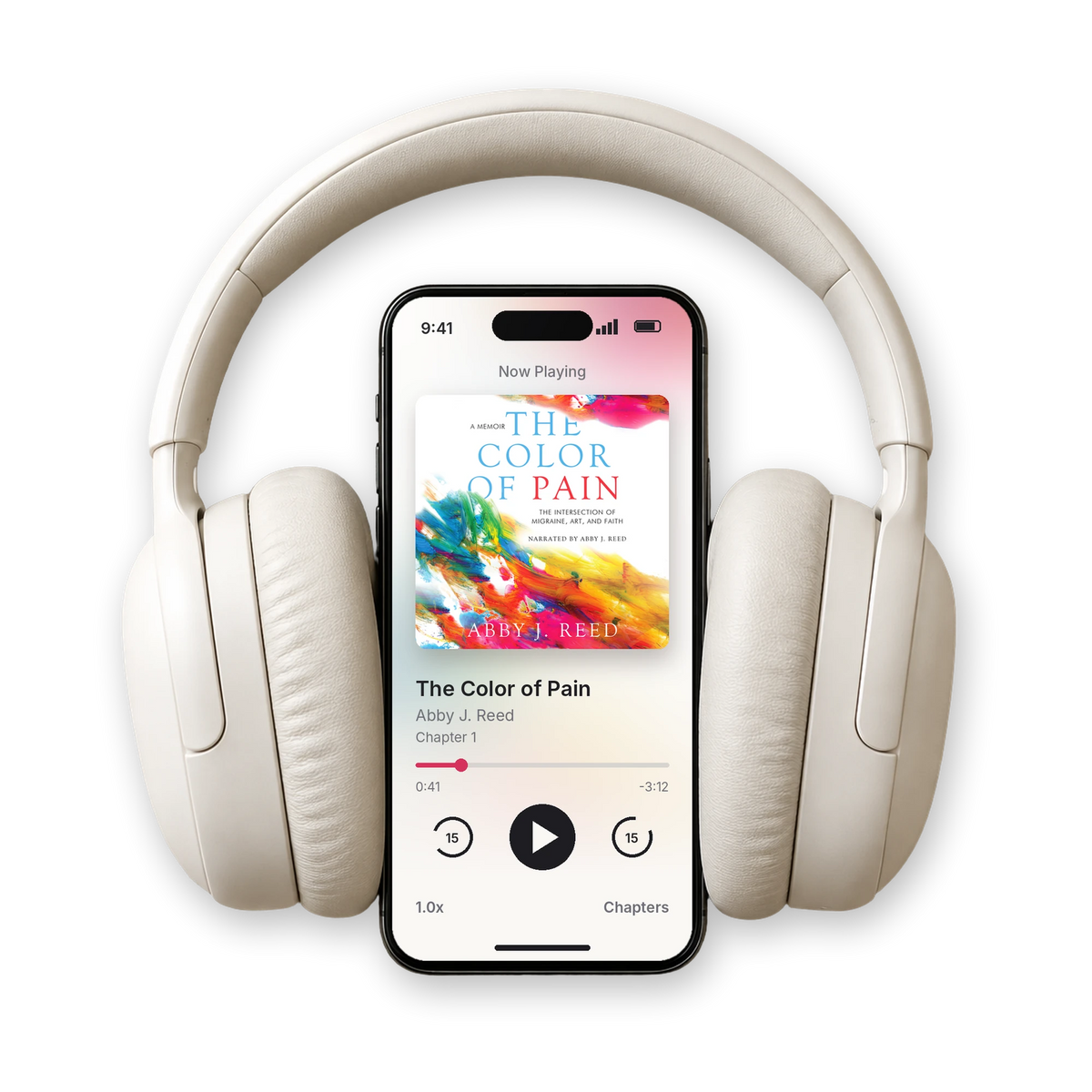 The Color of Pain audiobook by Abby J. Reed playing on a phone, with headphones