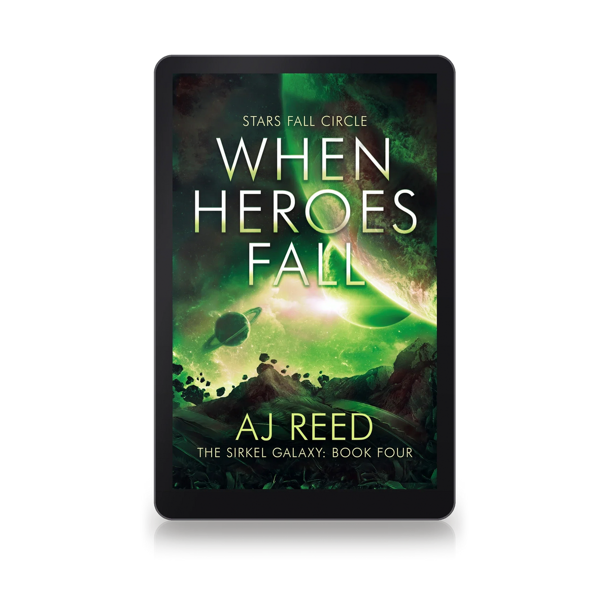 When Heroes Fall by AJ Reed, ebook on an e-reader